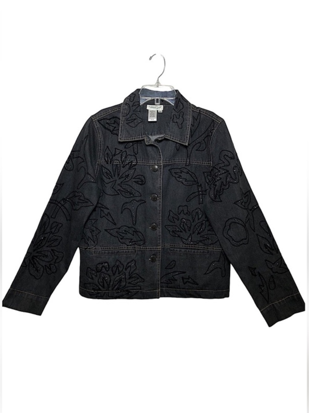 Coldwater Creek Cotton Embroidered Beaded Buttoned Pockets Black Denim Jacket MP